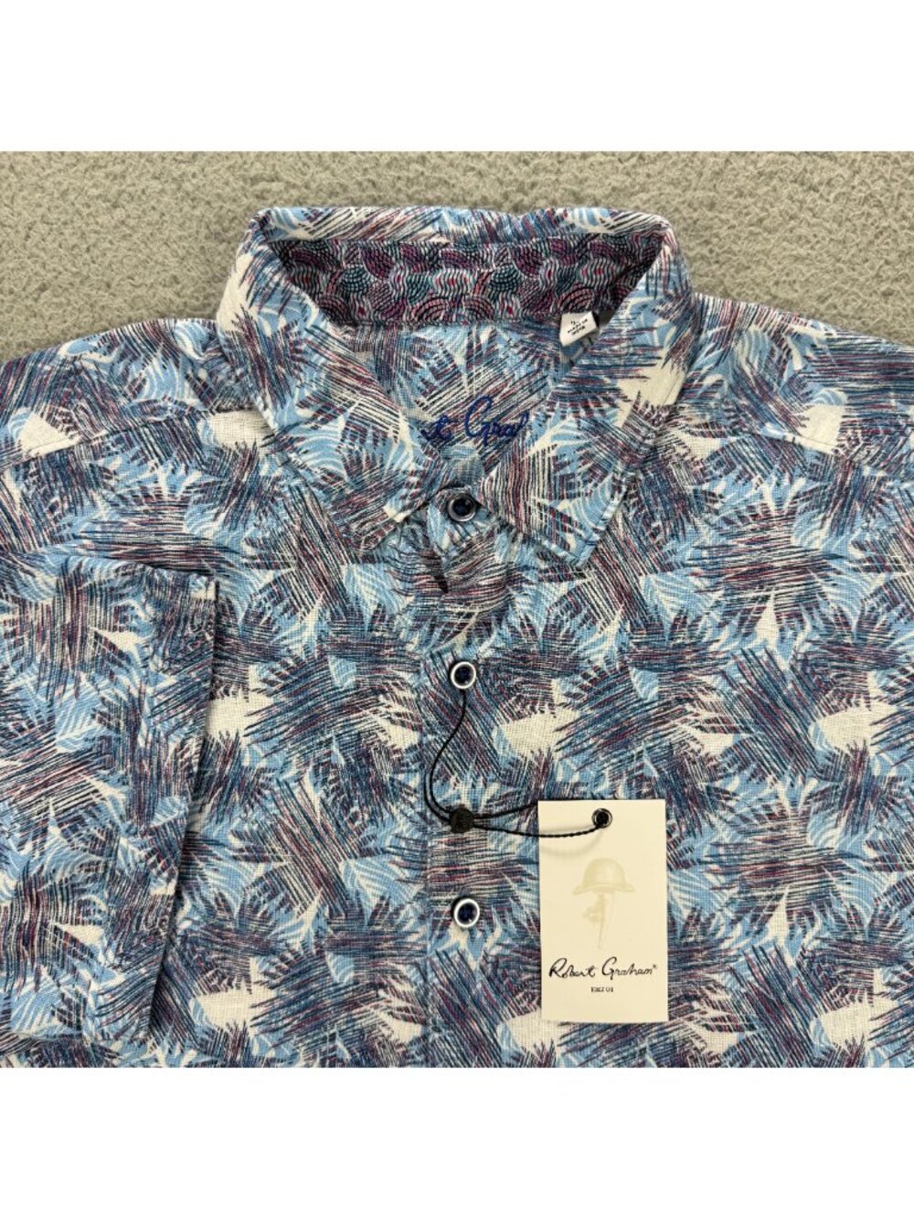 Robert Graham Shirt Men Large Blue Morrone Tropical Linen Short Sleeve Button Up